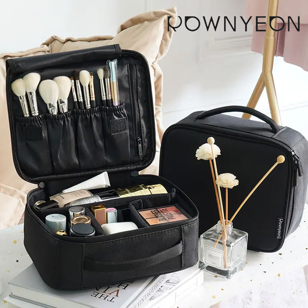 PU Leather Large Capacity Travel Cosmetic Bag for Women - Makeup Bags, Waterproof Portable Pouch Open Flat Toiletry Bag Portable Travel Makeup Bag With Handle and Divider Flat Lay Makeup Organizer Bag